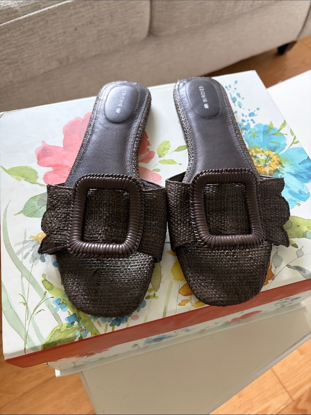 Brown Woven Birdies Slide Sandals with Buckle